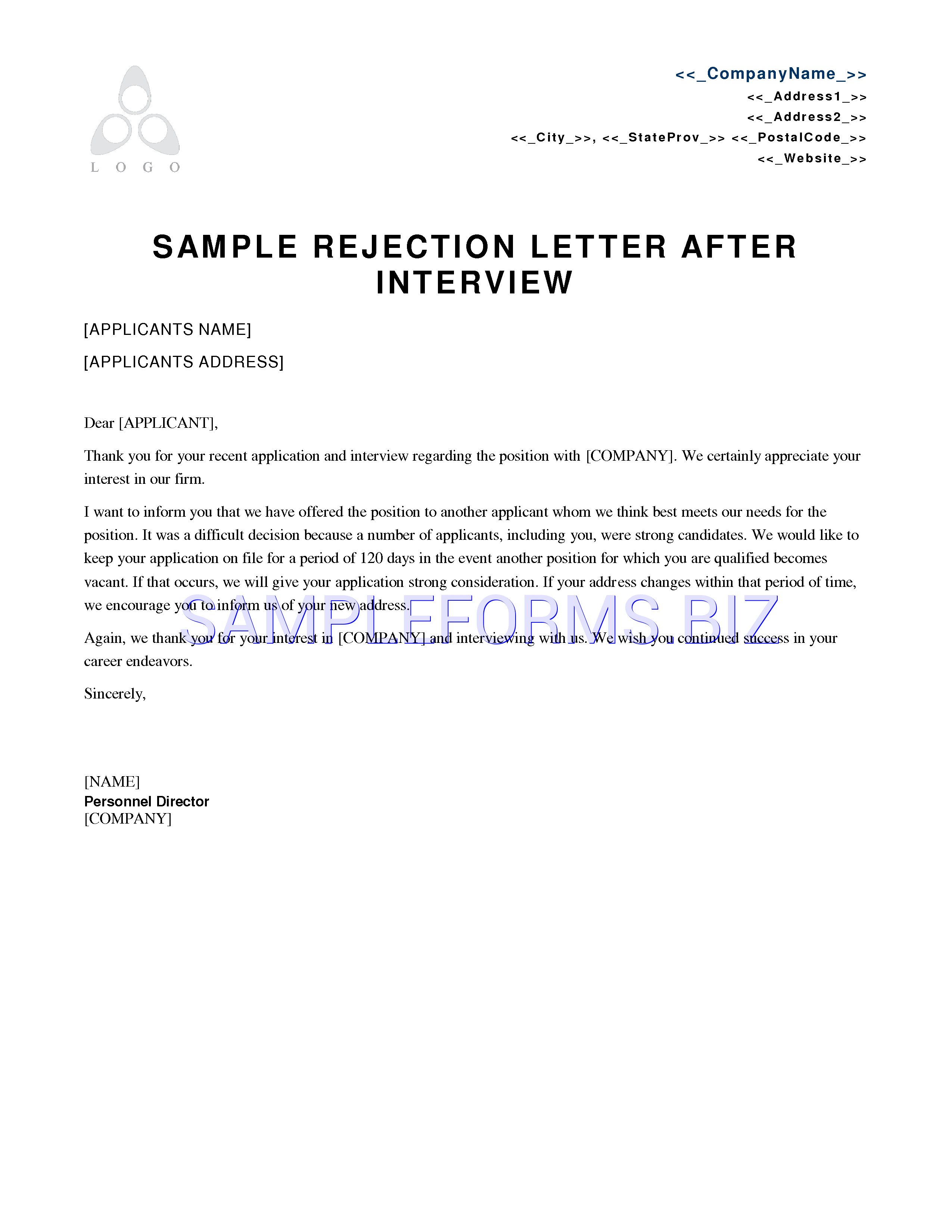 Preview free downloadable Sample Rejection Letter After Interview in PDF (page 1)